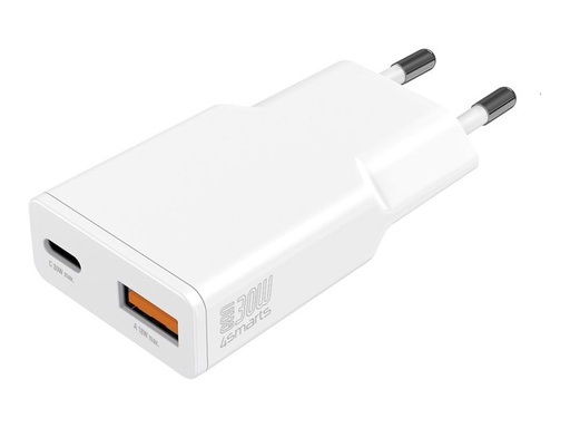 4smarts Netzteil - GaN, schlank - 30 Watt - 3 A - SCP, QC 2.0, QC 3.0, Apple 2.4A, AFC, Power Delivery 3.0 + PPS, HiSilicon Fast Charging - 2 Ausgabeanschlussstellen (USB-C, USB)